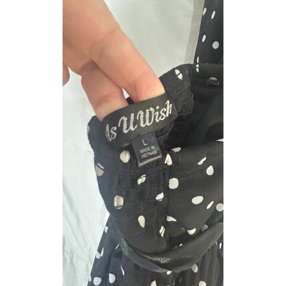 As U Wish Black White Polka Dot Halter Dress Women's Size L Tie Waist Sheer - Picture 2 of 10